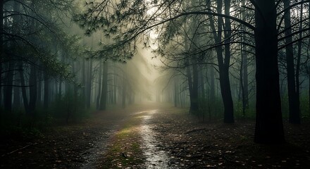 Obraz premium Ethereal Forest Path - Sunlight Piercing Through the Misty Canopy.