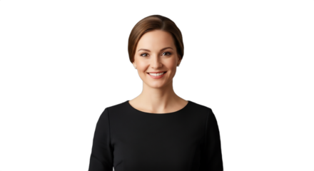 Smiling 30s Caucasian woman, a professional restaurant hostess managing holiday reservations in an elegant black dress, isolated on transparent background. Ideal for hospitality,