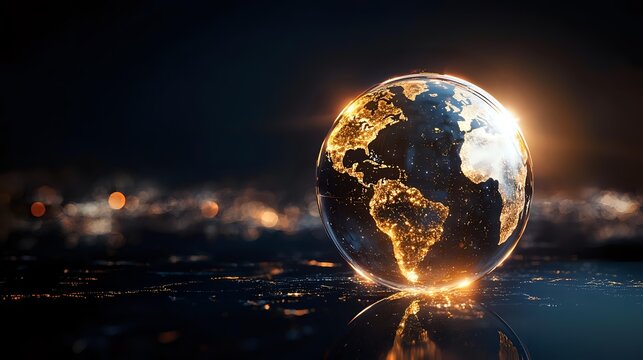 Glowing Earth globe with illuminated city lights against dark background, reflecting on shiny surface. Global connectivity concept for business presentations.