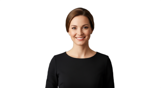 Smiling 30s Caucasian woman, a professional restaurant hostess managing holiday reservations in an elegant black dress, isolated on transparent background. Ideal for hospitality, - Powered by Adobe