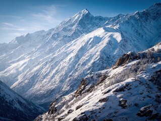 Stunning Winter Mountain Panorama Sunny Day Snowcapped Peaks Deep Valleys Clear Blue Sky Alpine Range Scenic View Outdoor Wilderness