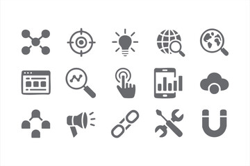 Minimalist web and data analytics icons representing internet marketing concepts