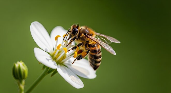 Close-up of a bee collecting nectar from a delicate white flower with a soft green background.
