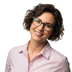 Fototapeta premium Smiling woman with glasses wearing a pink shirt isolated on transparent background