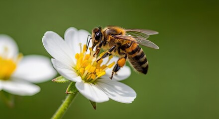 Close-up of a bee collecting nectar from a delicate white flower.