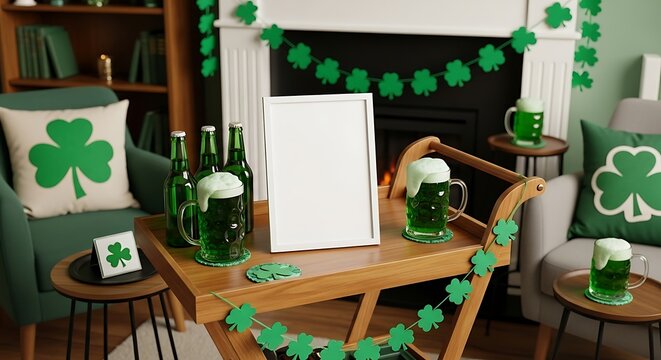St. patrick's day celebration with green beer, festive shamrock decorations, a blank frame mockup, and cozy home decor in a warm living room interior
