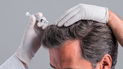 Doctor wearing white gloves administering an injection to the scalp of a middle-aged man in a clinical setting for hair restoration treatment
