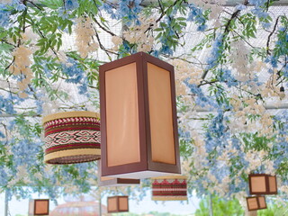 Elegant Hanging Lanterns with Blue and White Floral Ceiling