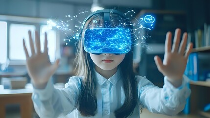 Young woman wearing virtual reality headset with blue digital interface, exploring immersive technology with hands raised in modern classroom environment.