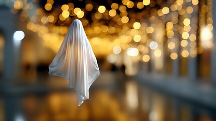 Ghostly figure floating in urban setting with magical bokeh lights creating mysterious atmosphere for Halloween decoration or fantasy concept.