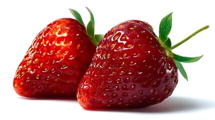 Fresh ripe strawberries with green leaves isolated on white background, ready for food design, packaging, or healthy eating concepts.