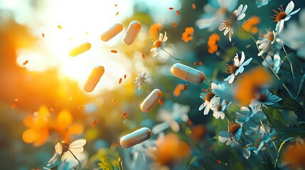 Herbal medicine capsules floating among chamomile and calendula flowers in golden sunlight, symbolizing natural health supplements and alternative medicine.