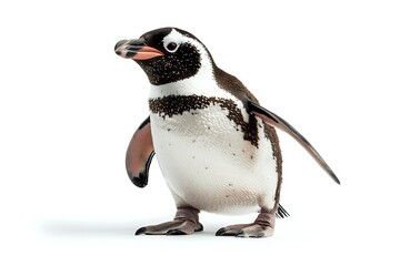 Obraz premium Gentoo penguin with distinctive white and black markings standing upright on white background, isolated for wildlife and conservation projects.