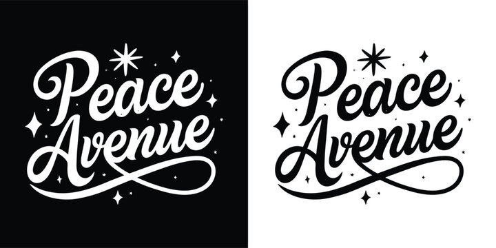 Peace avenue text with stars and sparkles on black and white backgrounds, graphic design