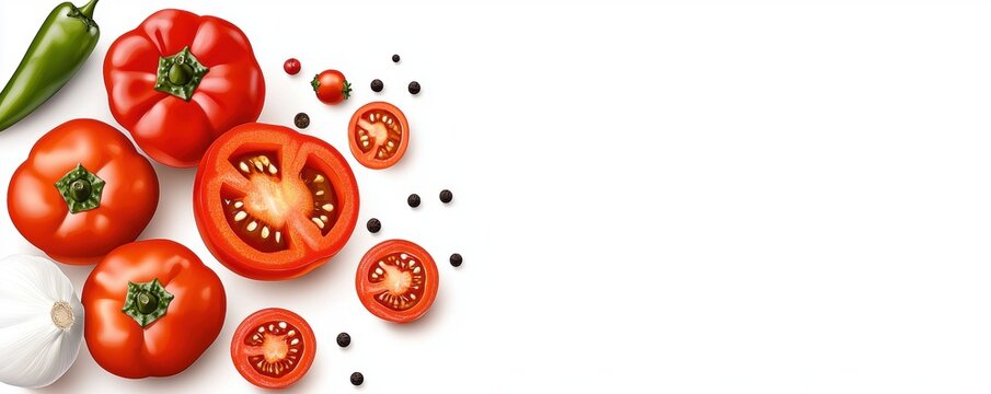 Fresh Culinary Ingredients: A vibrant selection of tomatoes, peppers, and garlic, inviting viewers into the realm of cooking and culinary arts