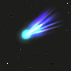 3I/Atlas comet in the space. Vector illustration of shiny comet with colored fire tail in black starry galaxy. Gradient comet template design. Perfect astronomical science poster cover layout. 