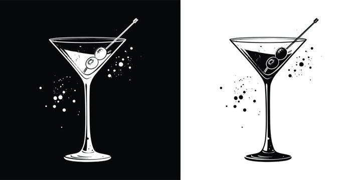 A stylish black and white illustration of a martini glass with a garnish and splash effect, presented on both black and white backgrounds for versatility