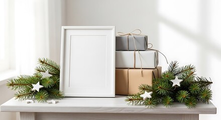 Vertical white photo frame mock-up with festive christmas gifts, green spruce branches, and white star ornaments on a light wooden table against a bright wall.
