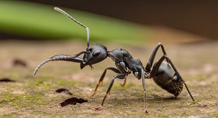 Close-up of a black ant with long antennae on a textured surface.