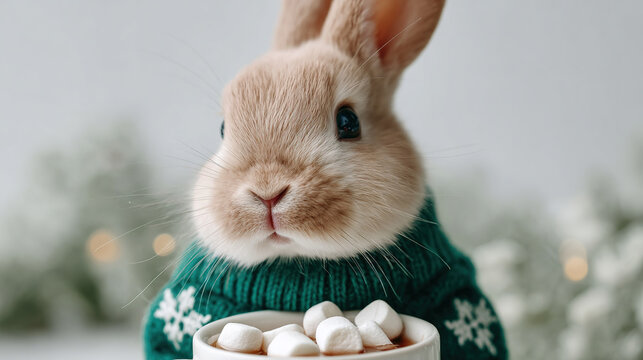 Cute bunny wearing a festive green sweater holding a mug of hot chocolate with marshmallows, in a light and festive setting. - Powered by Adobe