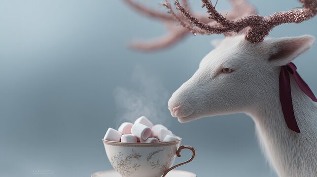 Whimsical winter: A white deer with glimmering antlers peers inquisitively at a steaming teacup filled with fluffy marshmallows, tied with a ribbon.