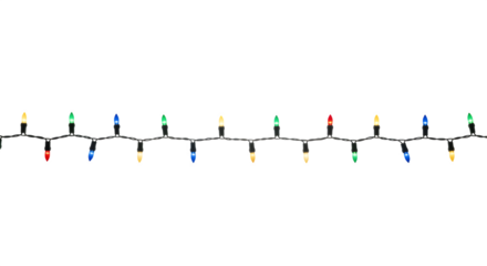 String of multicolored festive christmas lights glowing brightly isolated on transparent background