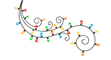 Decorative swirl of colorful christmas lights on a wire frame isolated on transparent background