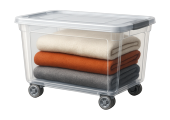 Clear wheeled storage bin for stowing seasonal clothes under the bed.
