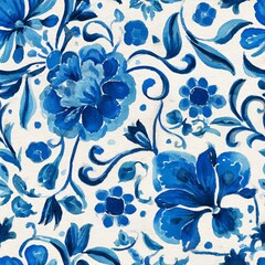 Obraz premium Blue watercolor floral ornament seamless pattern. Vintage artistic flower background for wallpaper, fabric, wrapping paper, textile, decoration design.