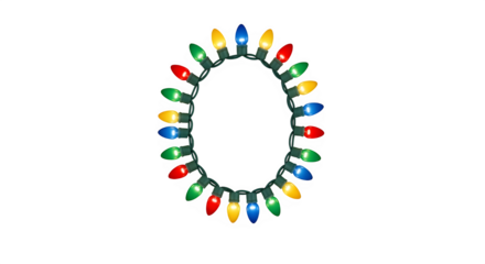 Oval shaped string of colorful christmas lights forming a festive decorative border isolated on transparent background