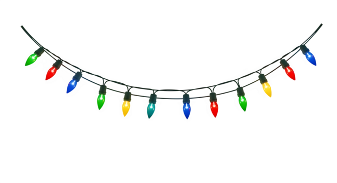Colorful christmas lights garland string festive holiday decoration isolated on transparent background