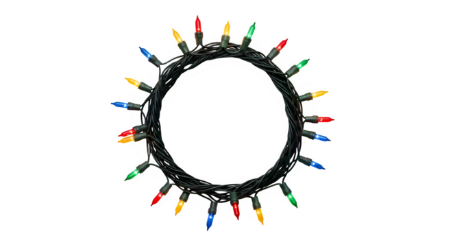 Oval shaped string of colorful christmas lights forming a festive border isolated on transparent background