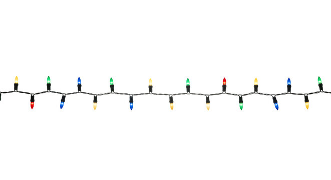 String of multicolored festive christmas lights glowing brightly isolated on transparent background