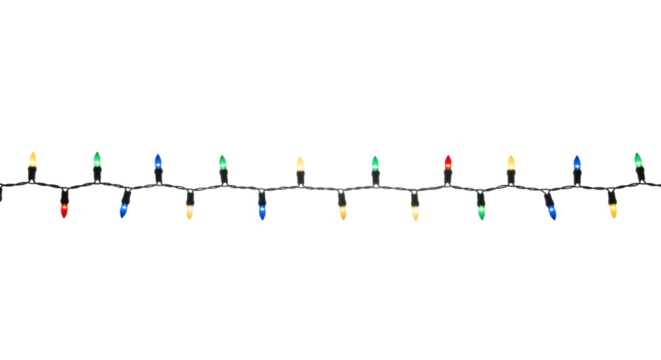 String of multicolored festive christmas lights glowing brightly isolated on transparent background