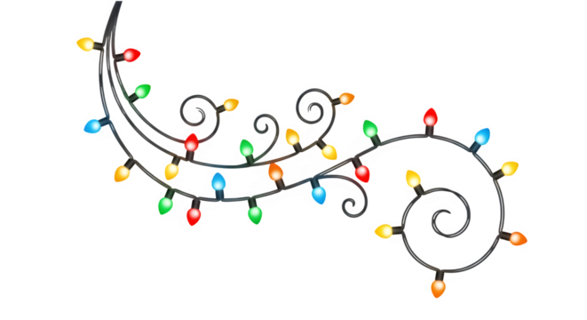 Decorative swirl of colorful christmas lights on a wire frame isolated on transparent background