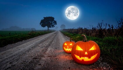 Halloween night - Pumpkins glowing under the moonlight on a path.