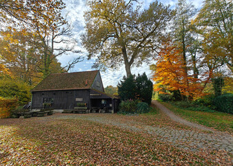 Deutschland, Uelsen watermill. Historic water mill. Wassermühle Uelsen. A watermill is a mill that uses water power. Fall season. Autumn trees. Old wooden house or farm.