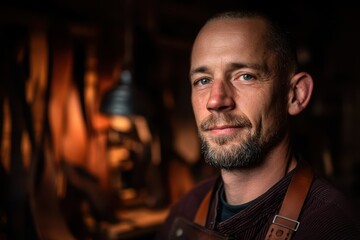 Bearded man with a contemplative expression stands in a warmly lit workshop, wearing a leather apron. Background features tools and a hanging lamp, creating an artisanal atmosphere