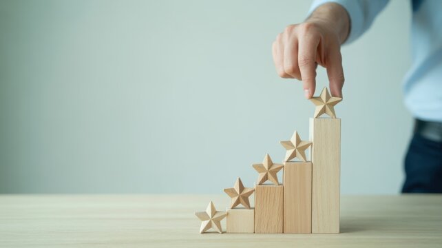 Building the Perfect Score: A person hand meticulously places a star atop a wooden block arrangement. Symbolizing the journey of hard work, dedication and ultimate achievement 