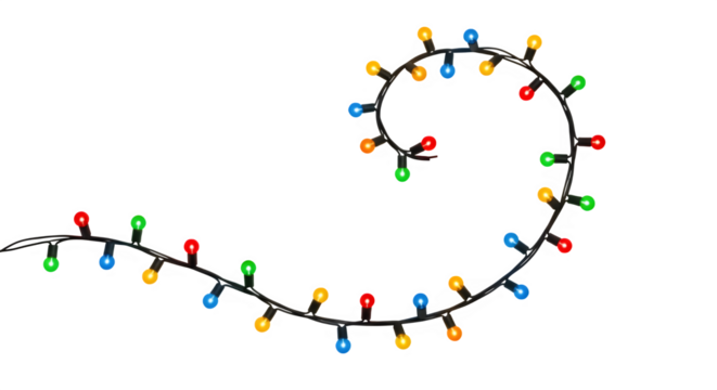 Colorful string of christmas lights curving and swirling isolated on transparent background