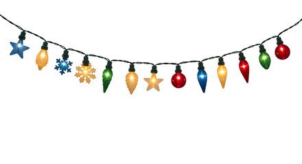 A string of colorful christmas lights in various festive shapes isolated on transparent background
