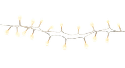 A string of warm white led christmas lights with a curved shape isolated on transparent background