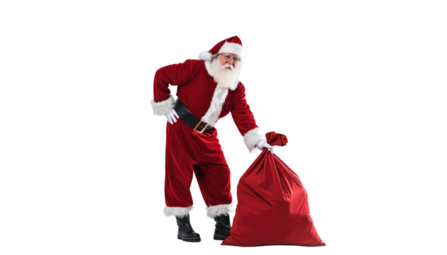 Santa claus in red suit holding a large red bag against a png background in a studio shot