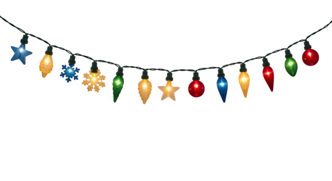 A string of colorful christmas lights in various festive shapes isolated on transparent background