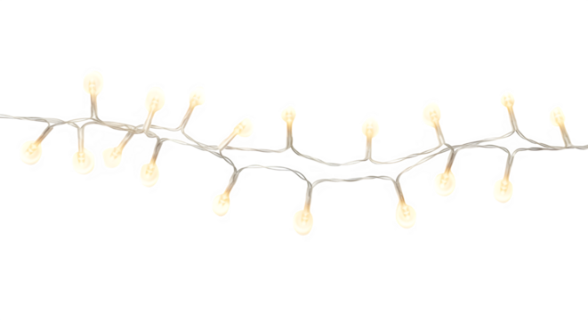 A string of warm white led christmas lights with a curved shape isolated on transparent background - Powered by Adobe