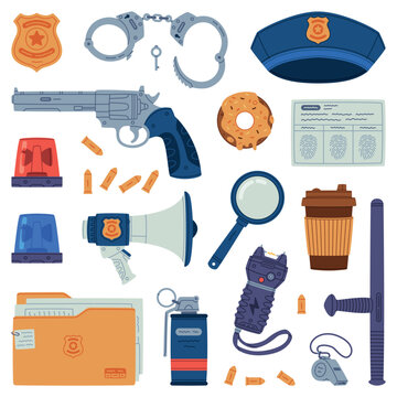 Police Equipment and Professional Policeman Object Vector Set