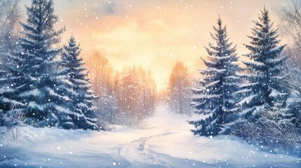 Peaceful snowy forest painted in watercolor with tall evergreen trees, soft snow, and warm sunlight breaking through the winter morning sky.