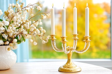 Elegant Gold Candelabrum with Lit Candles and White Flower Arrangement in Bright Room