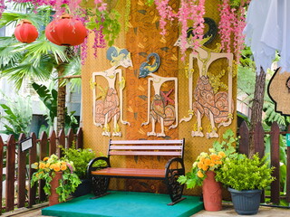 Javanese Wayang Kulit Puppet Decor with Bench and Garden