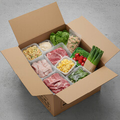 Meal Kit Delivery Box with Fresh Ingredients Including Meat, Vegetables, Pasta and Sauce, Home Cooking Subscription Service, Grocery Essentials Pack, Overhead View, DIY Meal Prep Concept